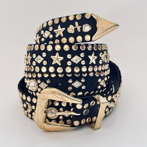 RARE Kippys Swarovski Crystal Studded Western Belt Leather Gold Celestial 22-29